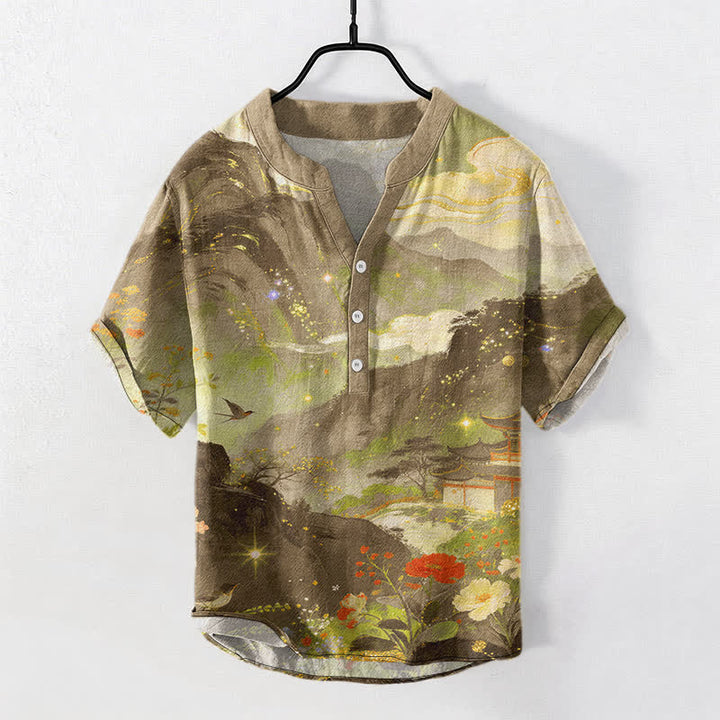 Buddha Stones Camicia da uomo a maniche corte con mezza abbottonatura, in cotone lavato a inchiostro con motivo paesaggistico. - Verga d'oro - US/UK/AU50, EU60 (5XL) - image 7