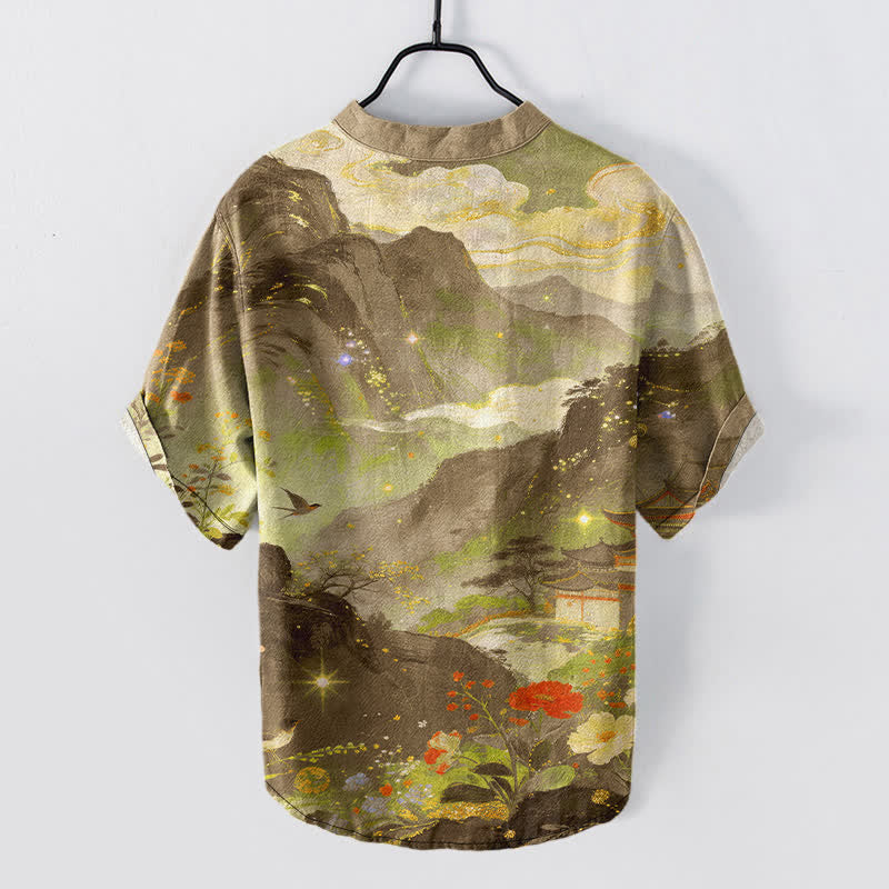 Buddha Stones Camicia da uomo a maniche corte con mezza abbottonatura, in cotone lavato a inchiostro con motivo paesaggistico. - image 8