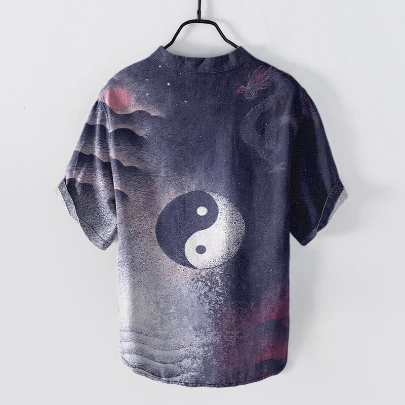 Buddha Stones Camicia da uomo a maniche corte con mezza abbottonatura e motivo nuvola Yin Yang in cotone. - image 6
