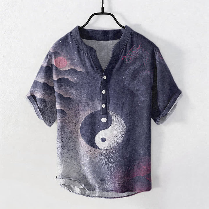 Buddha Stones Camicia da uomo a maniche corte con mezza abbottonatura e motivo nuvola Yin Yang in cotone. - Blu mezzanotte - US/UK/AU50, EU60 (5XL) - image 5