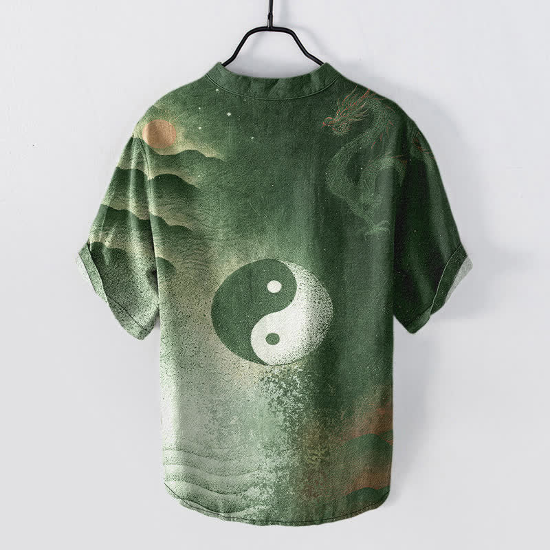 Buddha Stones Camicia da uomo a maniche corte con mezza abbottonatura e motivo nuvola Yin Yang in cotone. - image 8