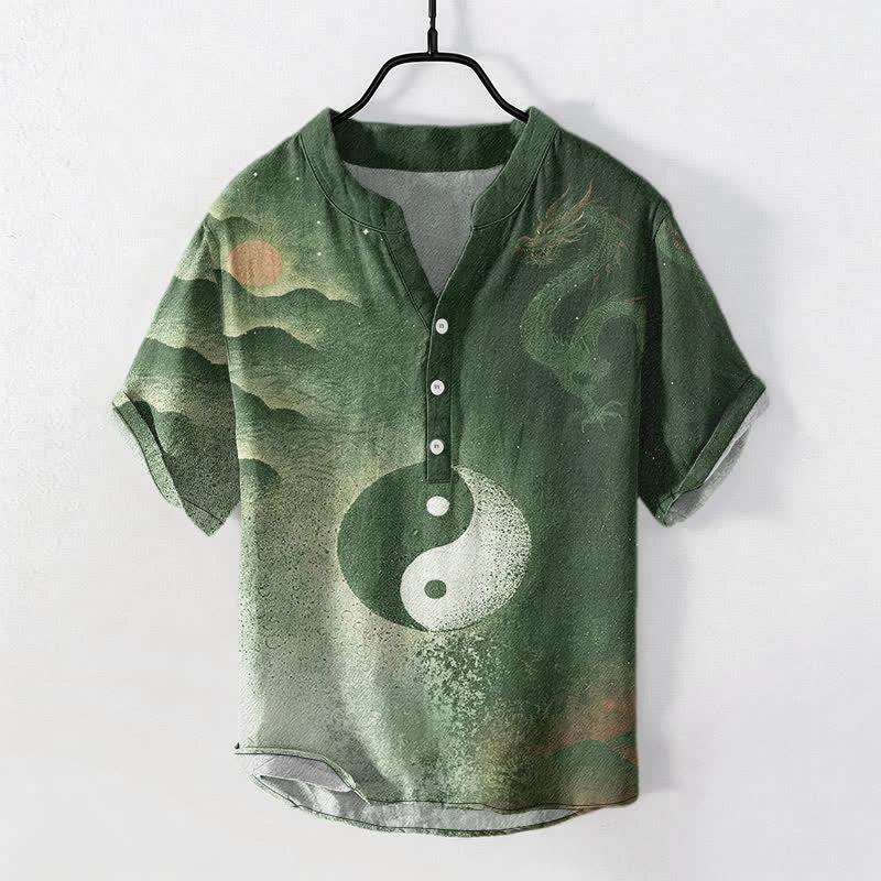 Buddha Stones Camicia da uomo a maniche corte con mezza abbottonatura e motivo nuvola Yin Yang in cotone. - Verde oliva scuro - US/UK/AU50, EU60 (5XL) - image 7