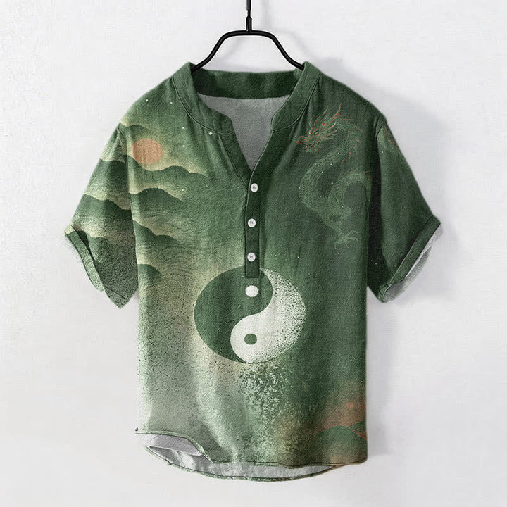 Buddha Stones Camicia da uomo a maniche corte con mezza abbottonatura e motivo nuvola Yin Yang in cotone. - Verde oliva scuro - US/UK/AU50, EU60 (5XL) - image 7