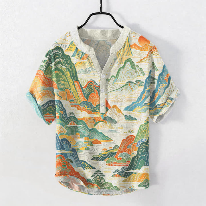Buddha Stones Camicia da uomo a maniche corte con mezza abbottonatura, in cotone, con motivo astratto di paesaggio montano. - Avorio - US/UK/AU50, EU60 (5XL) - image 0