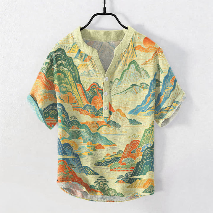 Buddha Stones Camicia da uomo a maniche corte con mezza abbottonatura, in cotone, con motivo astratto di paesaggio montano. - LemonChiffon - US/UK/AU50, EU60 (5XL) - image 3