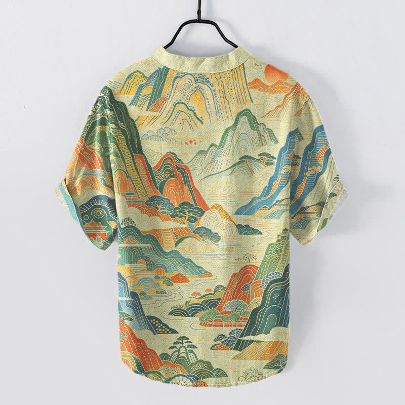 Buddha Stones Camicia da uomo a maniche corte con mezza abbottonatura, in cotone, con motivo astratto di paesaggio montano. - image 4
