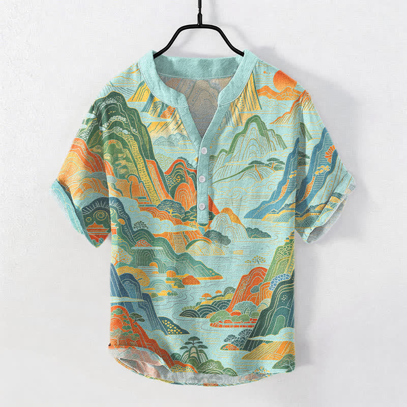 Buddha Stones Camicia da uomo a maniche corte con mezza abbottonatura, in cotone, con motivo astratto di paesaggio montano. - Turchese pallido - US/UK/AU50, EU60 (5XL) - image 5