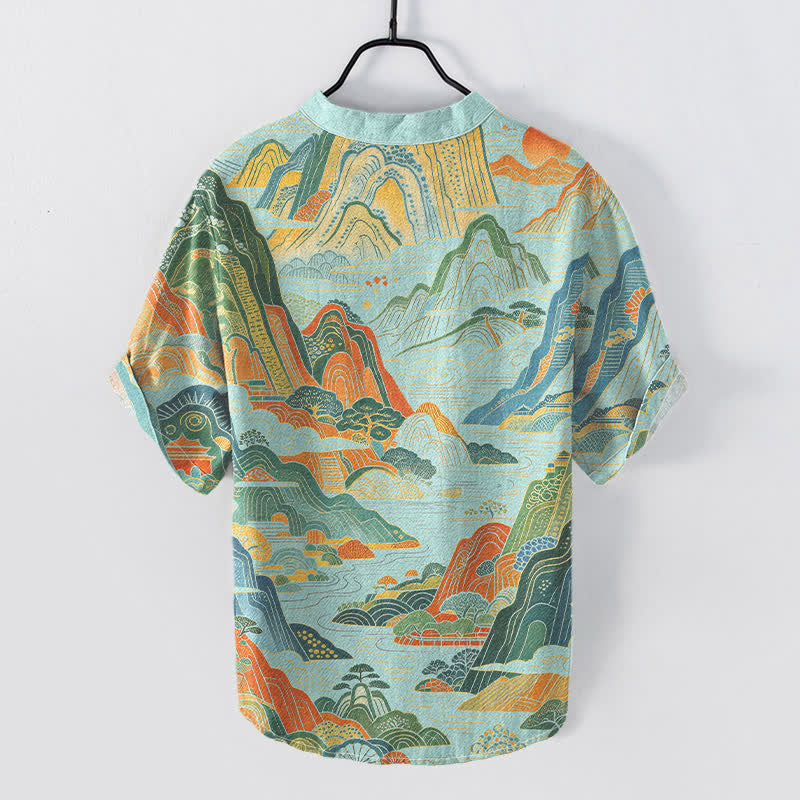 Buddha Stones Camicia da uomo a maniche corte con mezza abbottonatura, in cotone, con motivo astratto di paesaggio montano. - image 6