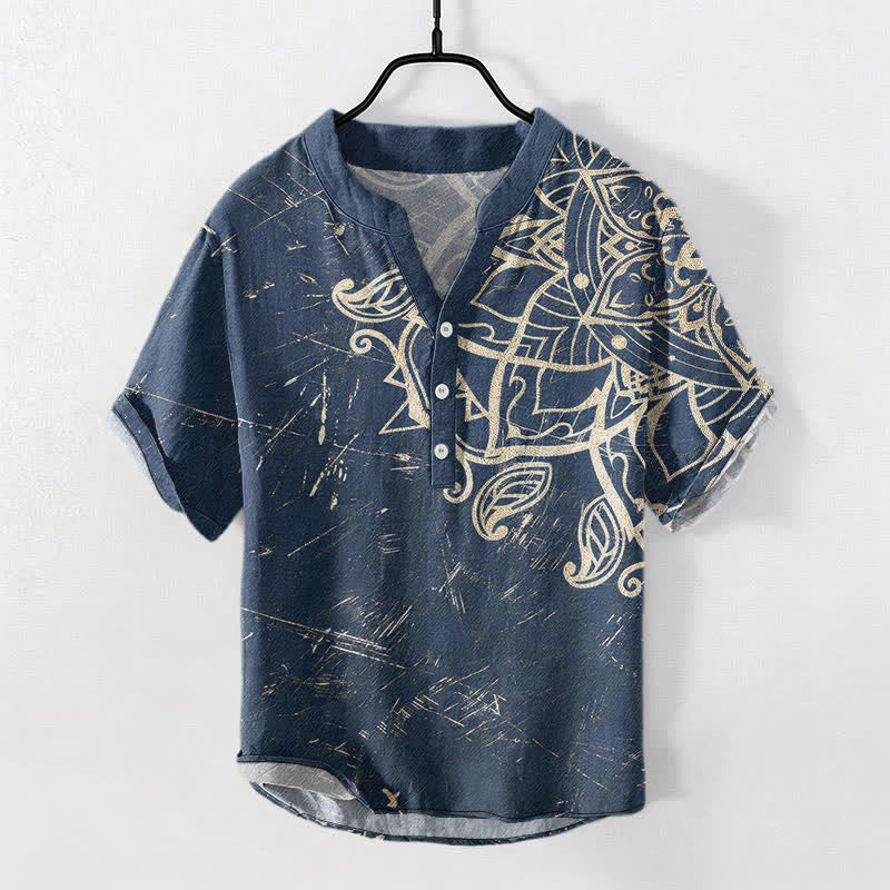 Buddha Stones Camicia da uomo a maniche corte con mezza abbottonatura, in cotone, con motivo floreale mandala vintage. - Marina - US/UK/AU50, EU60 (5XL) - image 0