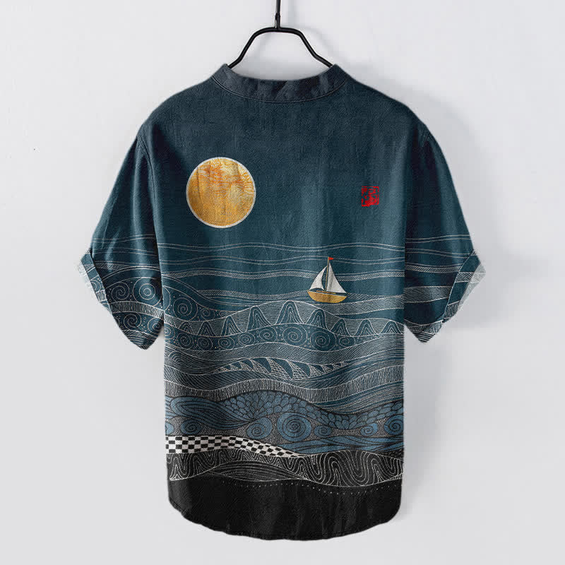 Buddha Stones Camicia da uomo a maniche corte con mezza abbottonatura, in cotone, con motivo a onde oceaniche e barca a vela. - image 1
