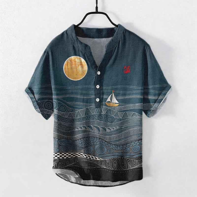 Buddha Stones Camicia da uomo a maniche corte con mezza abbottonatura, in cotone, con motivo a onde oceaniche e barca a vela. - Verde acqua - US/UK/AU50, EU60 (5XL) - image 0