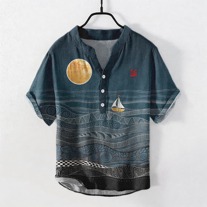 Buddha Stones Camicia da uomo a maniche corte con mezza abbottonatura, in cotone, con motivo a onde oceaniche e barca a vela. - Verde acqua - US/UK/AU50, EU60 (5XL) - image 0