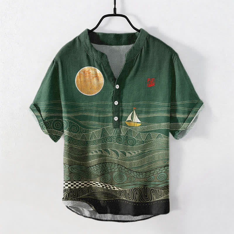Buddha Stones Camicia da uomo a maniche corte con mezza abbottonatura, in cotone, con motivo a onde oceaniche e barca a vela. - Verde studentesco - US/UK/AU50, EU60 (5XL) - image 5