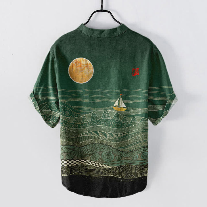 Buddha Stones Camicia da uomo a maniche corte con mezza abbottonatura, in cotone, con motivo a onde oceaniche e barca a vela. - image 6