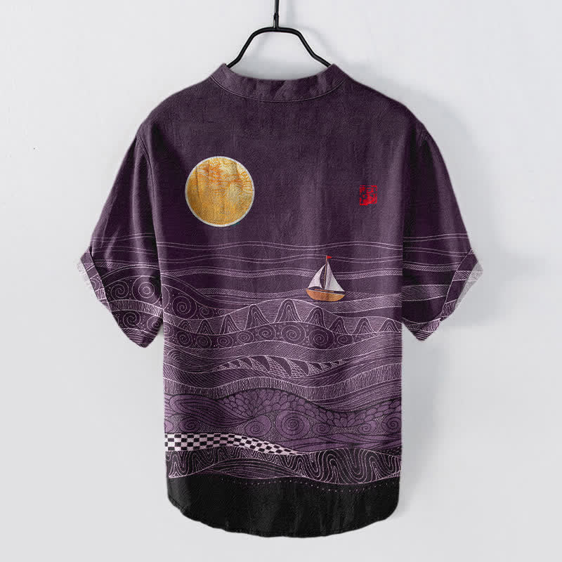 Buddha Stones Camicia da uomo a maniche corte con mezza abbottonatura, in cotone, con motivo a onde oceaniche e barca a vela. - image 8