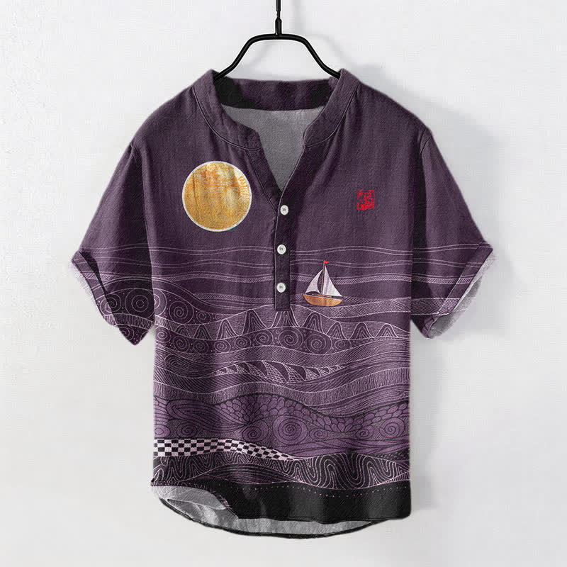 Buddha Stones Camicia da uomo a maniche corte con mezza abbottonatura, in cotone, con motivo a onde oceaniche e barca a vela. - Viola - US/UK/AU50, EU60 (5XL) - image 7