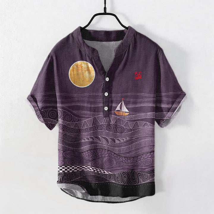 Buddha Stones Camicia da uomo a maniche corte con mezza abbottonatura, in cotone, con motivo a onde oceaniche e barca a vela. - Viola - US/UK/AU50, EU60 (5XL) - image 7