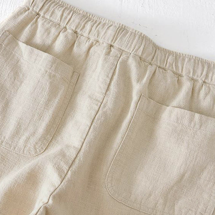 Pantaloncini da uomo estivi in ​​tinta unita con coulisse e elastico in vita, in ramia, lino e cotone, con tasche, con stampa Buddha Stones. - image 2