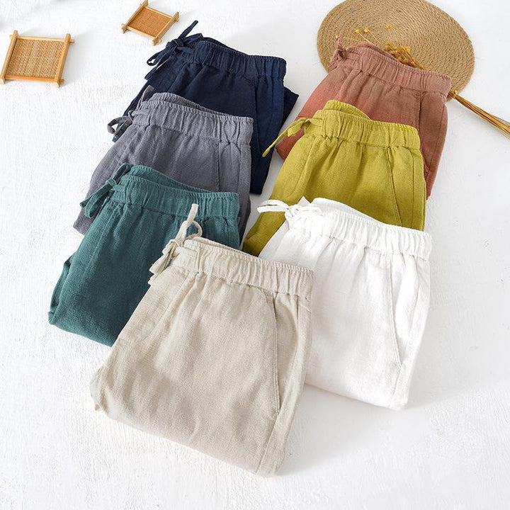 Pantaloncini da uomo estivi in ​​tinta unita con coulisse e elastico in vita, in ramia, lino e cotone, con tasche, con stampa Buddha Stones. - image 40