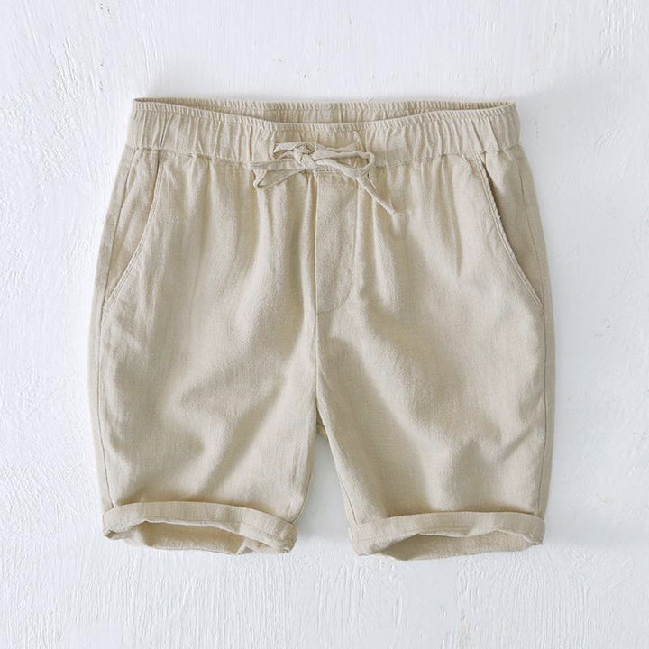 Pantaloncini da uomo estivi in ​​tinta unita con coulisse e elastico in vita, in ramia, lino e cotone, con tasche, con stampa Buddha Stones. - Beige - US/UK/AU44, EU54 (4XL) - image 0