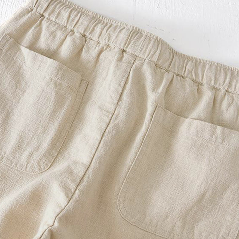 Pantaloncini da uomo estivi in ​​tinta unita con coulisse e elastico in vita, in ramia, lino e cotone, con tasche, con stampa Buddha Stones. - image 2