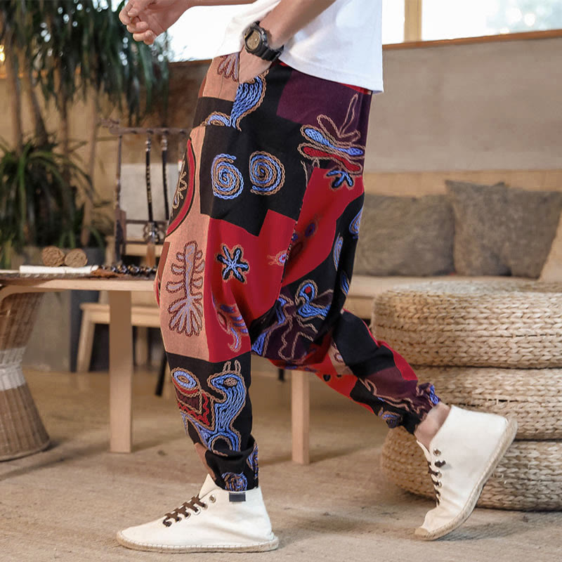Pantaloni harem da uomo in cotone con stampa floreale a griglia e motivo Buddha Stones, con tasche. - Rosso - US/UK/AU42, EU52 (3XL) - image 0