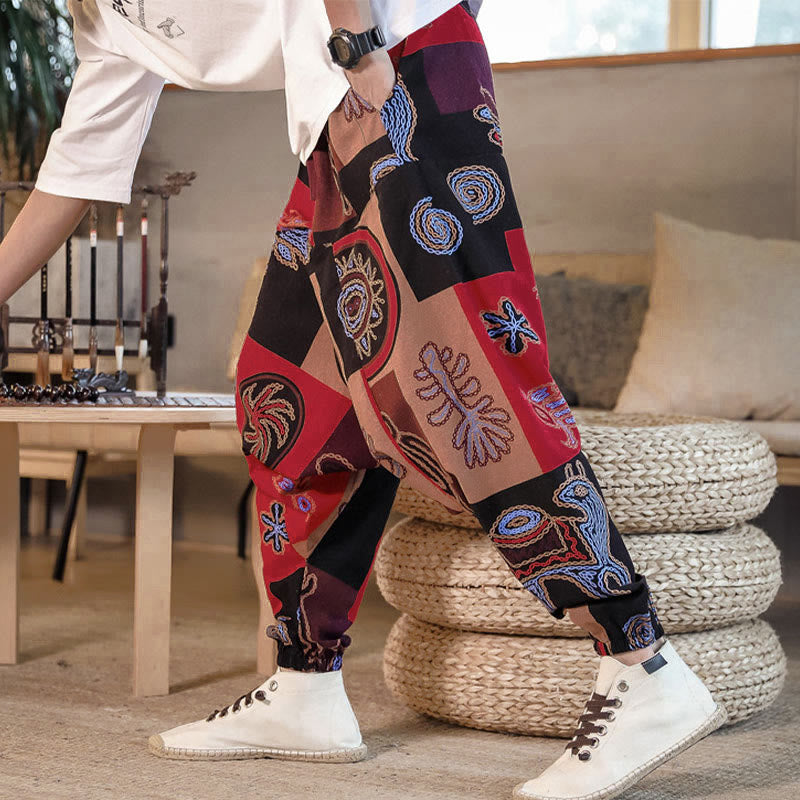 Pantaloni harem da uomo in cotone con stampa floreale a griglia e motivo Buddha Stones, con tasche. - image 3