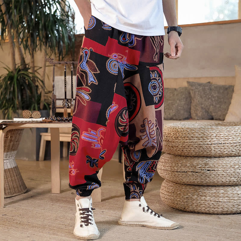 Pantaloni harem da uomo in cotone con stampa floreale a griglia e motivo Buddha Stones, con tasche. - image 5