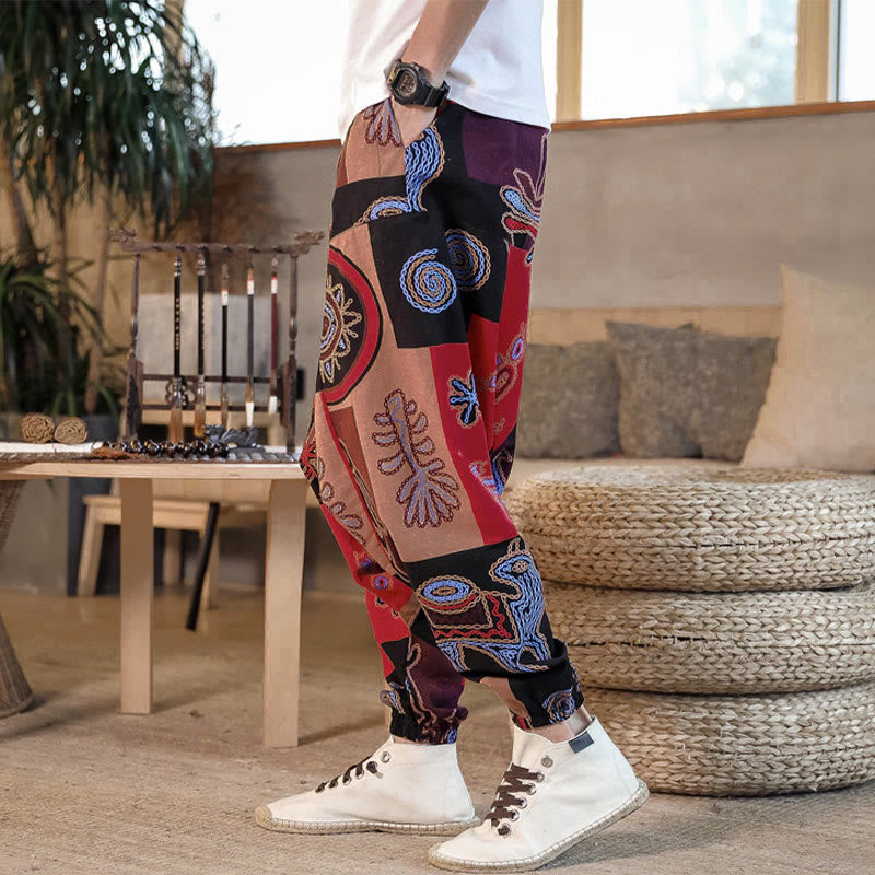 Pantaloni harem da uomo in cotone con stampa floreale a griglia e motivo Buddha Stones, con tasche. - image 2