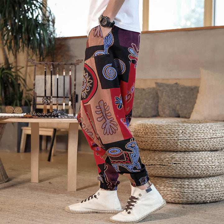Pantaloni harem da uomo in cotone con stampa floreale a griglia e motivo Buddha Stones, con tasche. - image 2