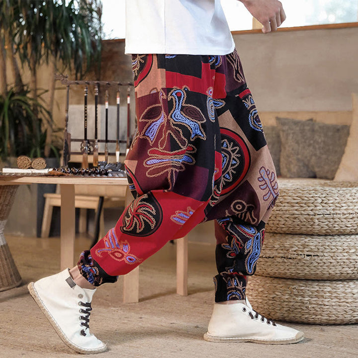 Pantaloni harem da uomo in cotone con stampa floreale a griglia e motivo Buddha Stones, con tasche. - image 6