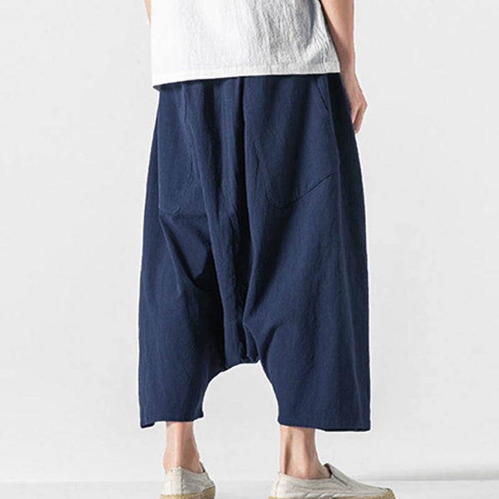 Pantaloni da uomo a gamba larga, lunghezza 7-8, con coulisse e design a cavallo basso, con motivo Buddha Stones, con tasche. - image 4