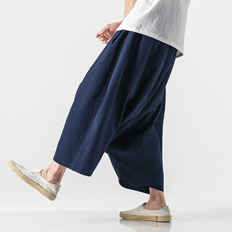 Pantaloni da uomo a gamba larga, lunghezza 7-8, con coulisse e design a cavallo basso, con motivo Buddha Stones, con tasche. - Blu ardesia scuro - US/UK/AU46, EU56 (5XL) - image 0