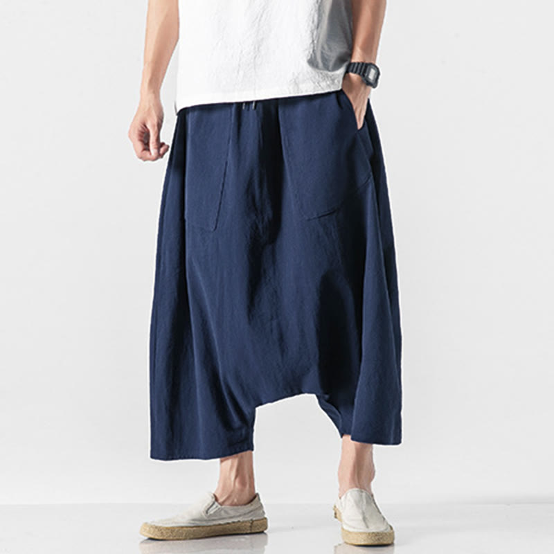 Pantaloni da uomo a gamba larga, lunghezza 7-8, con coulisse e design a cavallo basso, con motivo Buddha Stones, con tasche. - image 2
