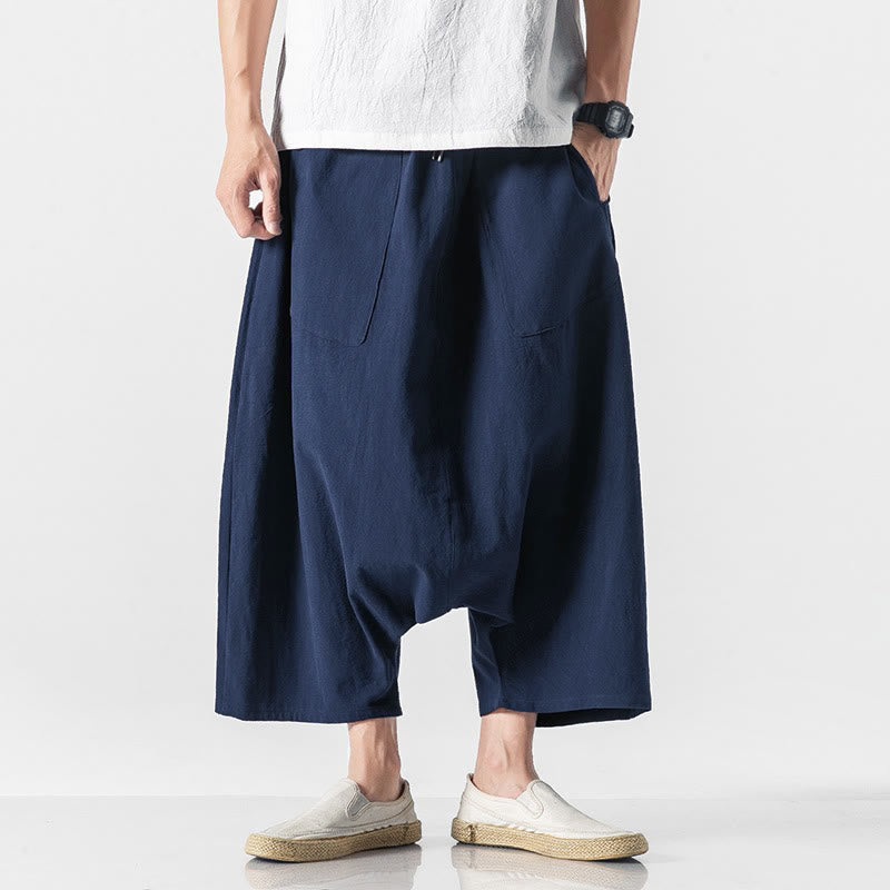 Pantaloni da uomo a gamba larga, lunghezza 7-8, con coulisse e design a cavallo basso, con motivo Buddha Stones, con tasche. - image 1