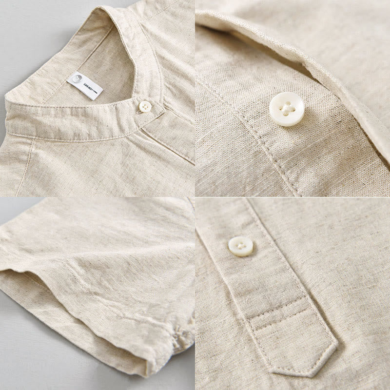 Camicia da uomo estiva a maniche corte con mezza abbottonatura, tinta unita, in cotone e lino, con motivo Buddha Stones. - image 3