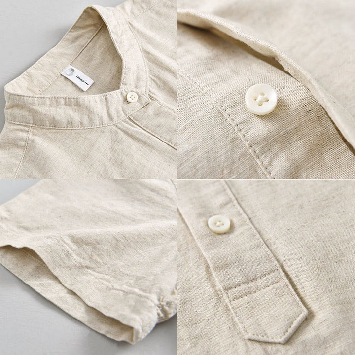 Camicia da uomo estiva a maniche corte con mezza abbottonatura, tinta unita, in cotone e lino, con motivo Buddha Stones. - image 3