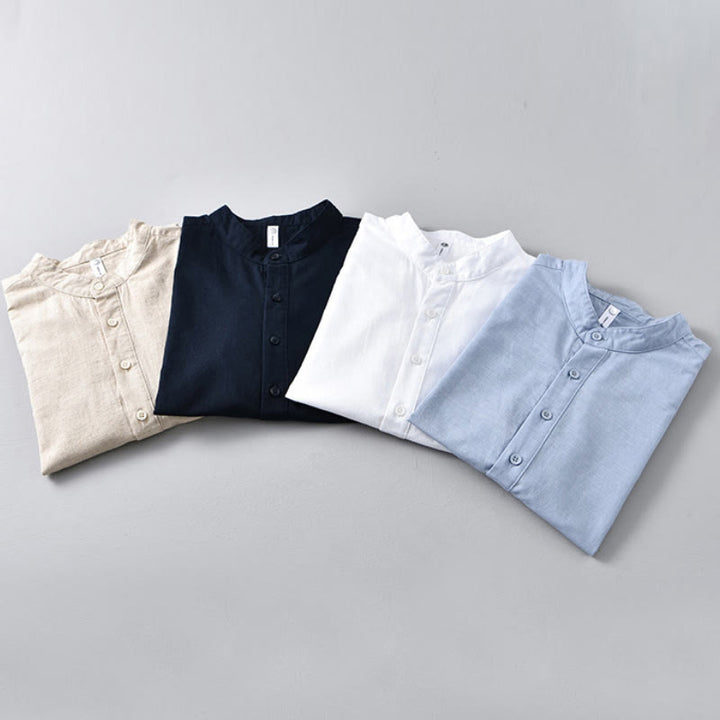 Camicia da uomo estiva a maniche corte con mezza abbottonatura, tinta unita, in cotone e lino, con motivo Buddha Stones. - image 17