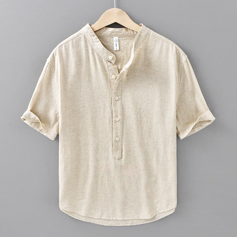 Camicia da uomo estiva a maniche corte con mezza abbottonatura, tinta unita, in cotone e lino, con motivo Buddha Stones. - Biancheria - US/UK/AU42, EU52 (3XL) - image 0