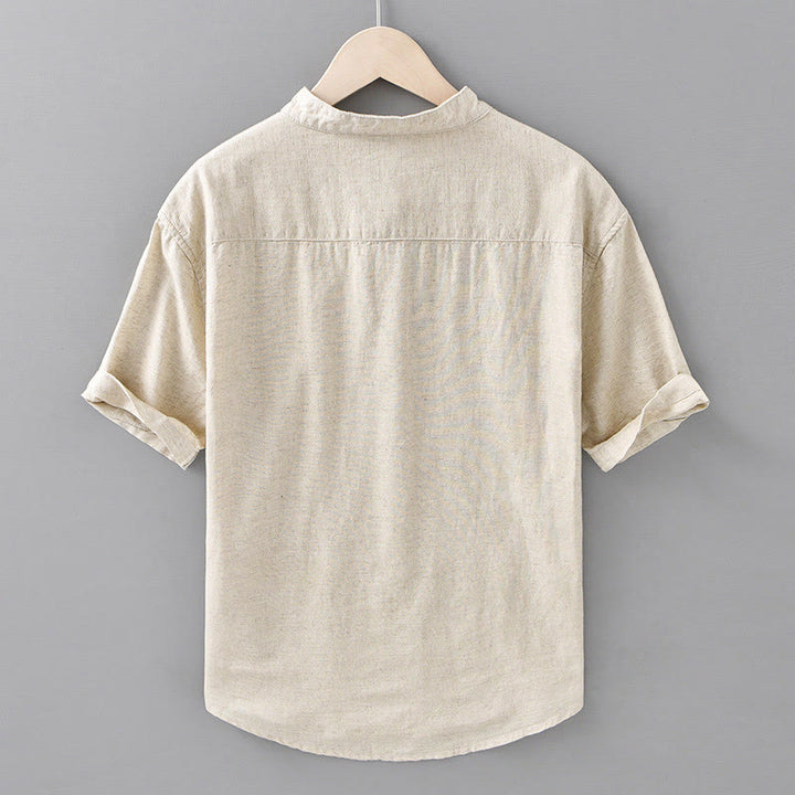 Camicia da uomo estiva a maniche corte con mezza abbottonatura, tinta unita, in cotone e lino, con motivo Buddha Stones. - image 2