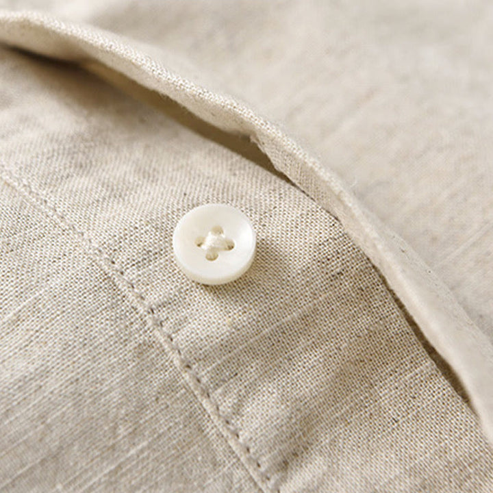 Camicia da uomo estiva a maniche corte con mezza abbottonatura, tinta unita, in cotone e lino, con motivo Buddha Stones. - image 6