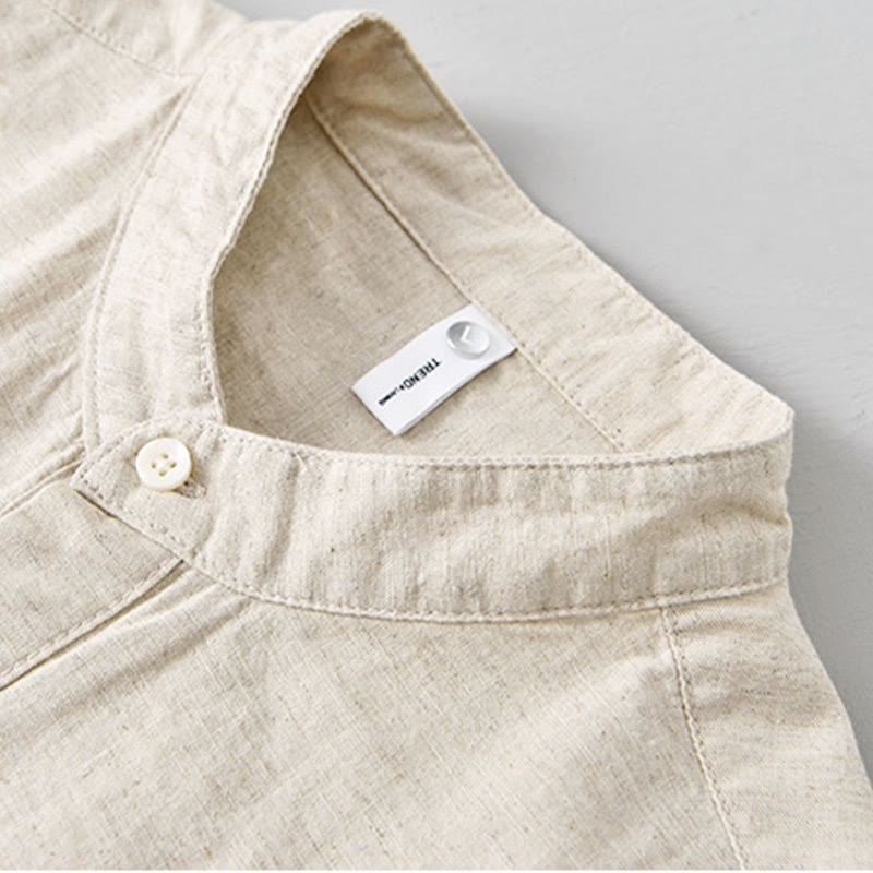 Camicia da uomo estiva a maniche corte con mezza abbottonatura, tinta unita, in cotone e lino, con motivo Buddha Stones. - image 4