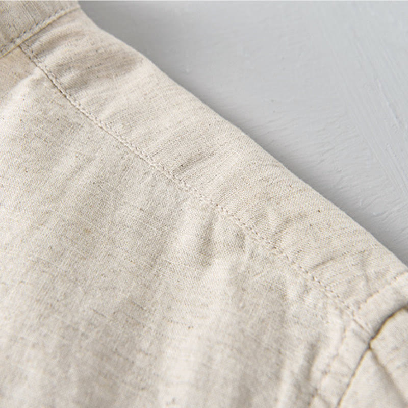 Camicia da uomo estiva a maniche corte con mezza abbottonatura, tinta unita, in cotone e lino, con motivo Buddha Stones. - image 7