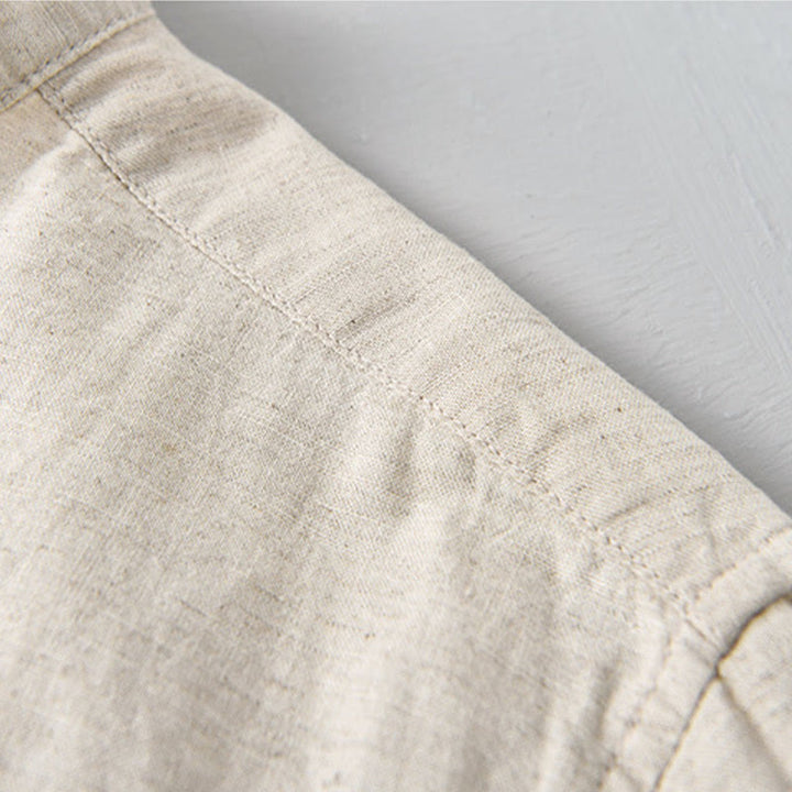 Camicia da uomo estiva a maniche corte con mezza abbottonatura, tinta unita, in cotone e lino, con motivo Buddha Stones. - image 7