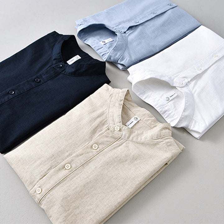Camicia da uomo estiva a maniche corte con mezza abbottonatura, tinta unita, in cotone e lino, con motivo Buddha Stones. - image 19