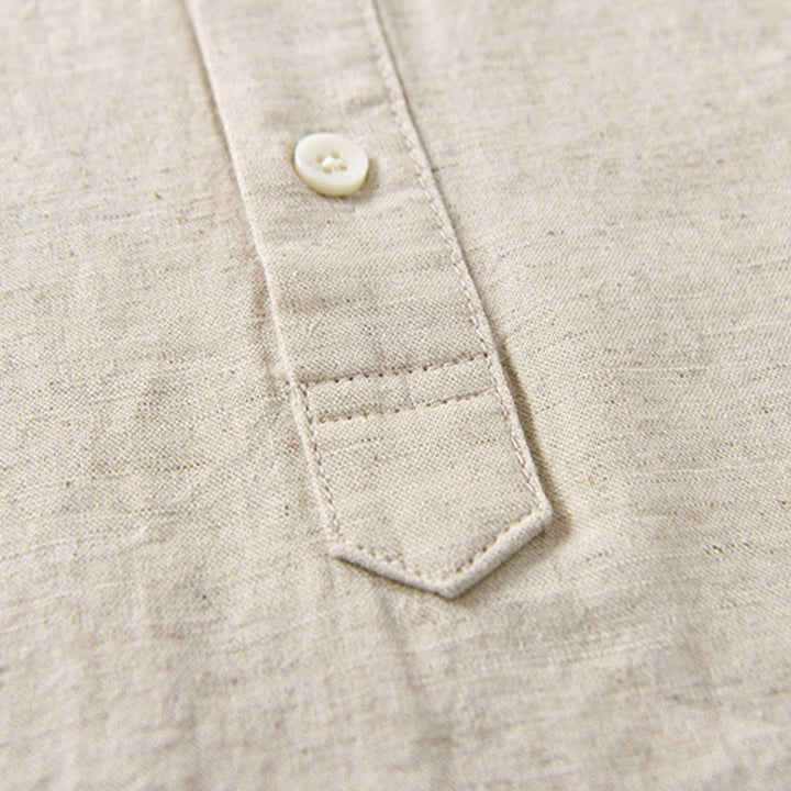 Camicia da uomo estiva a maniche corte con mezza abbottonatura, tinta unita, in cotone e lino, con motivo Buddha Stones. - image 5