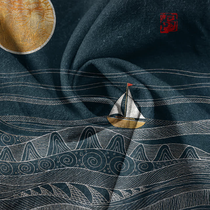 Buddha Stones Camicia da uomo a maniche corte con mezza abbottonatura, in cotone, con motivo a onde oceaniche e barca a vela. - image 4