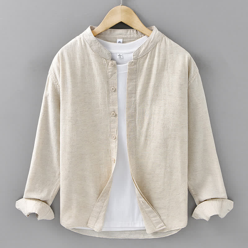 Buddha Stones Camicia da uomo a maniche lunghe, in cotone e lino, con colletto alla coreana e bottoni, ideale per la primavera. - Biancheria - US/UK/AU42, EU52 (3XL) - image 0
