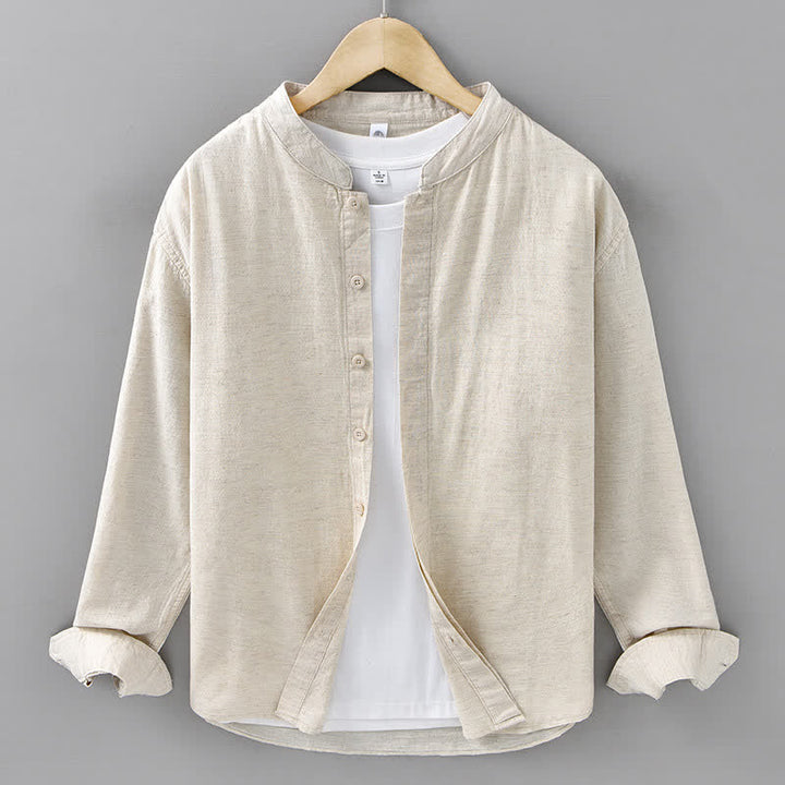 Buddha Stones Camicia da uomo a maniche lunghe, in cotone e lino, con colletto alla coreana e bottoni, ideale per la primavera. - Biancheria - US/UK/AU42, EU52 (3XL) - image 0