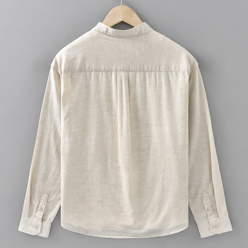 Buddha Stones Camicia da uomo a maniche lunghe, in cotone e lino, con colletto alla coreana e bottoni, ideale per la primavera. - image 1